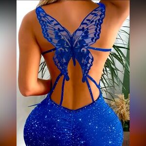 NWT Unbranded blue with metallic silver blotches body con dress, Sz. Medium.